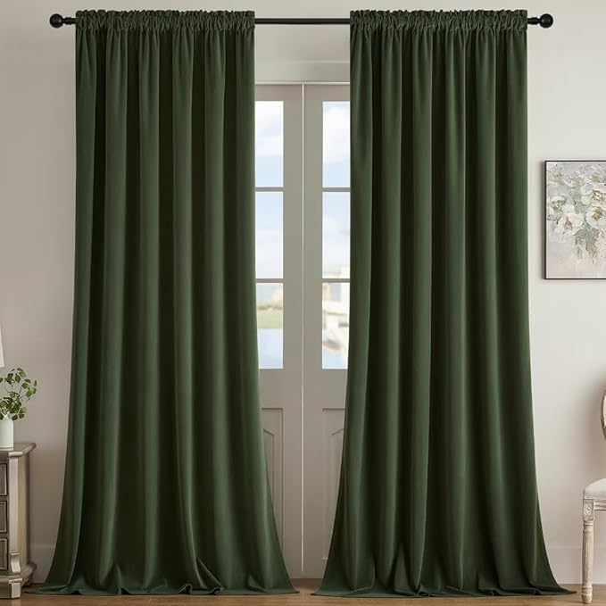 Joydeco Dark Olive Velvet Curtains 90 inch Length 2 Panels, Luxury Blackout Rod Pocket Thermal Insulated Window Curtains, Super Soft Room Darkening Drapes for Living Room Bedroom,W52 x L90 inches