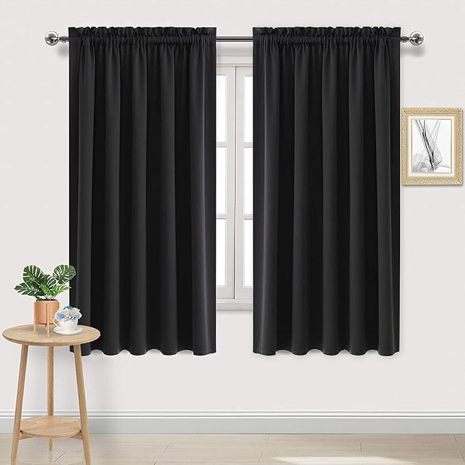 DWCN Blackout Curtains for Living Room Thermal Insulated, Energy Saving & Noise Reducing Bedroom Curtains, Black, W 70x L 63 Inch, Set of 2 Rod Pocket Curtain Panels