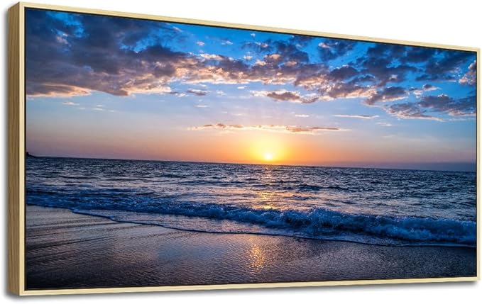 Natural Wood Framed Canvas Wall Art For Living Room Large Size Wall Decor For Office Bedroom Decorations Blue Sea Beach Pictures Artwork Sunny Ocean Wall Painting Home Decor 20" X 40"