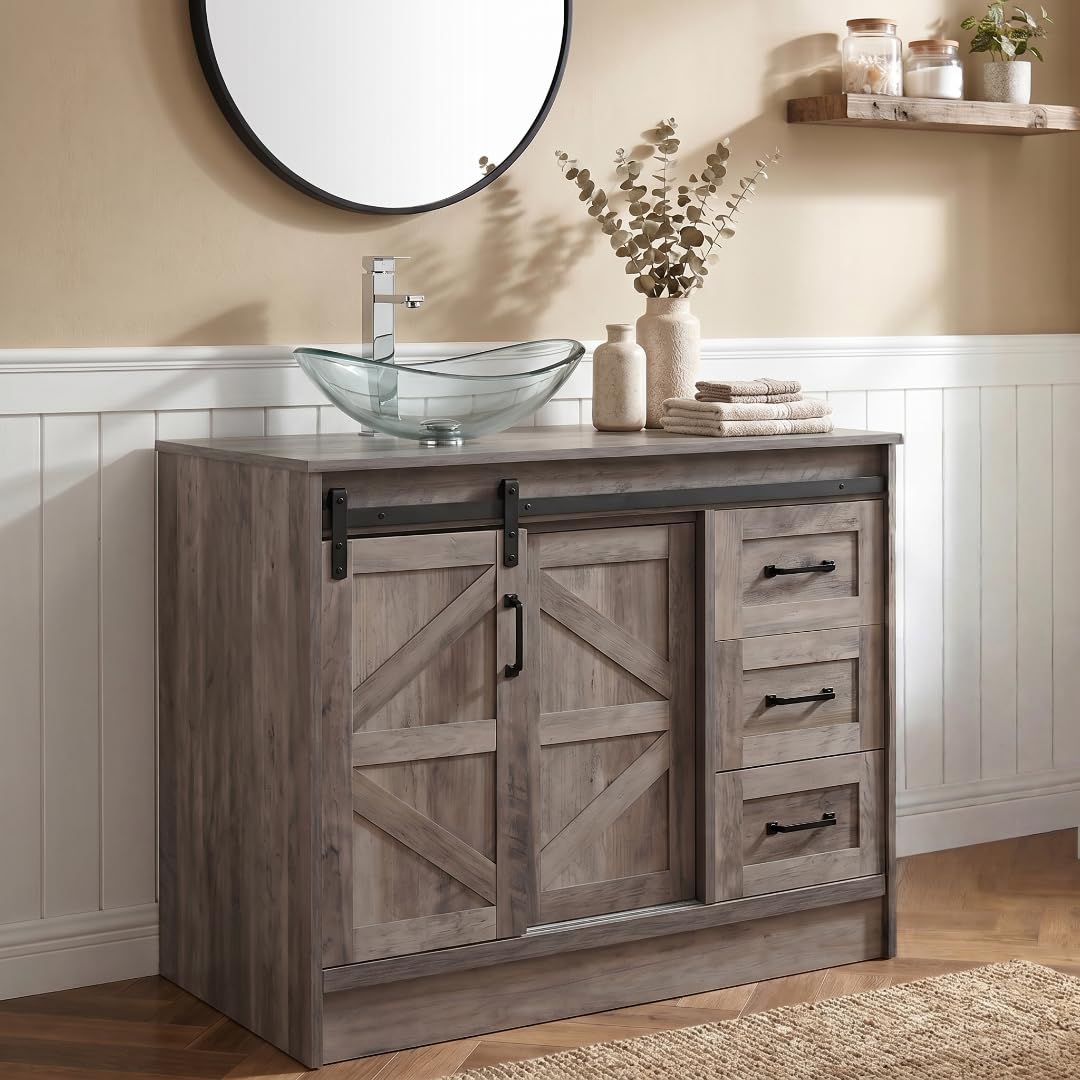 SOLIDEE 36" Farmhouse Bathroom Vanity with Sink, Bathroom Storage Cabinet with Sliding Barn Doors & Drawers, Freestanding Vanity with Clear Boat Glass Vessel Sink Combo Set
