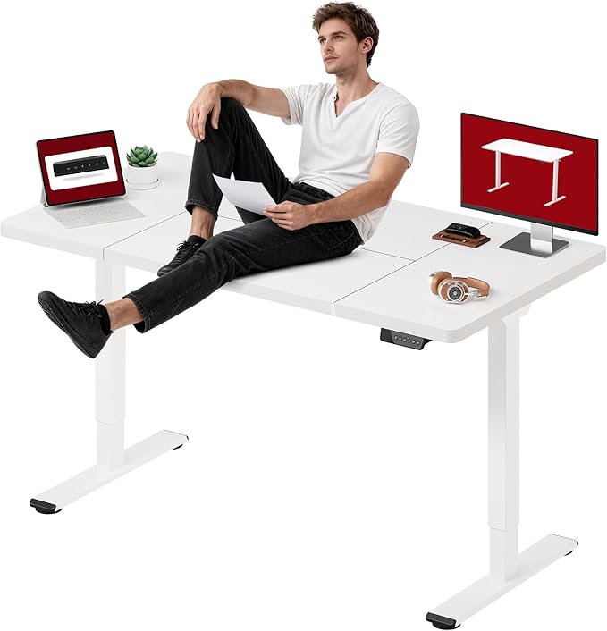 SANODESK Standing Desk Height Adjustable Electric Stand up Desk 63x28 Inches Sit Stand Home Office with Splice Board, White Frame/White Top