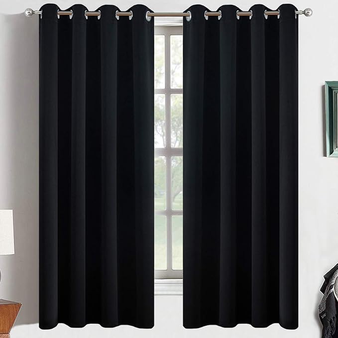 Yakamok Blackout Curtains for Living Room-Thermal Insulated with 8 Grommet,52 x 63 inch, Black, 2 Panels,2 Tie Backs Included