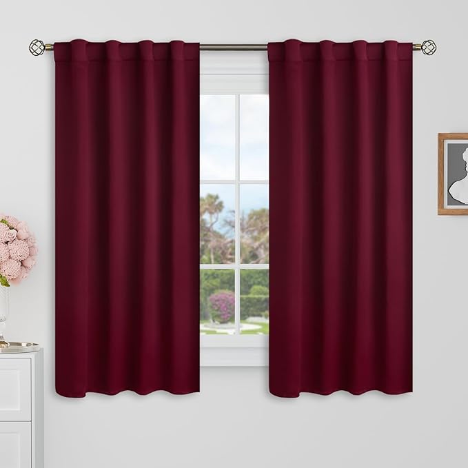 BGment Blackout Curtains 48 Inches Long for Windows - 38 x 48 inch Curtains Rod Pocket and Back Tab Thermal Insulated Room Darkening Curtains for Kitchen/Cafe Room, 2 Window Panels, Burgundy Red
