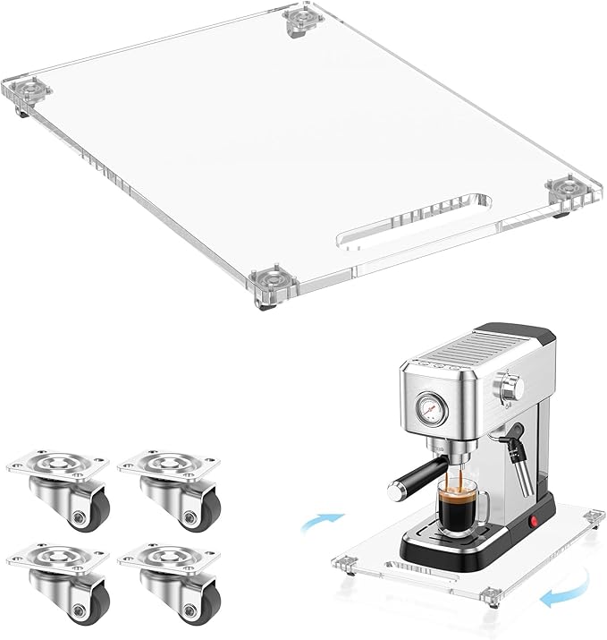 360° Rolling Sliding Tray for Coffee Maker & Kitchen Appliances, 9.8" x 14" Acrylic Appliance Sliders with Silent Rubber Wheels, Coffee Maker Slider Tray for Countertop Moving