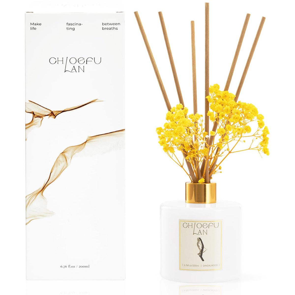 Chloefu Lan Sandalwood Reed Diffuser,6.7 oz Natural Essential Scented Oil with Diffuser Sticks, Best for Bathroom Decor, Living Room Decor, Home & Office Decor, Aromatherapy Diffuser Oil Gift Set