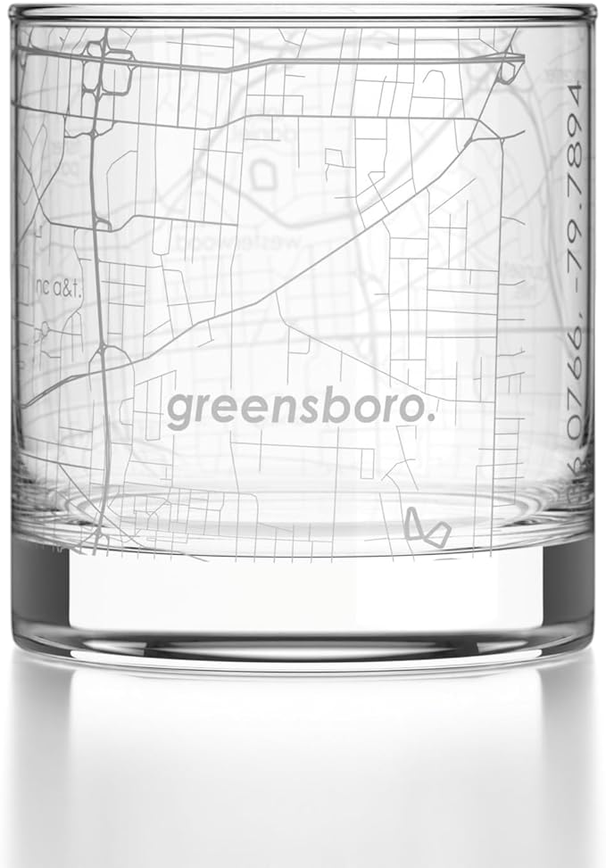 Well Told Engraved Greensboro North Carolina Map Rocks Glass, Old Fashioned Glassware (11 oz, Clear) Etched Bourbon Tumbler, Gifts For Whiskey Lovers