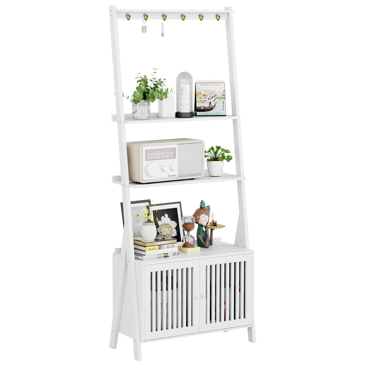 Ladder Shelf with Drawers, Bookshelf 4-Tier Bamboo Bookcase with 6 Hooks