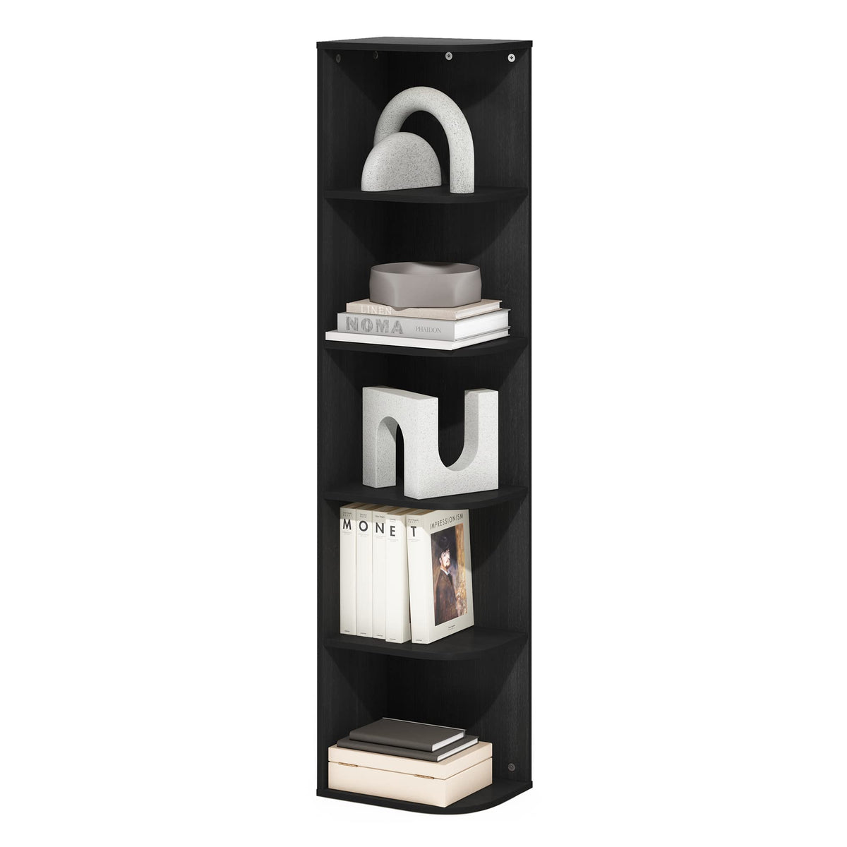 Furinno PASIR Book Shelf, 5-Tier Corner Bookshelf with Open Shelf, Standing Bookcase, 9.3 x 12 x 51.7, for Organization and Storage, for Living Room, Bedroom, Home Office, Blackwood