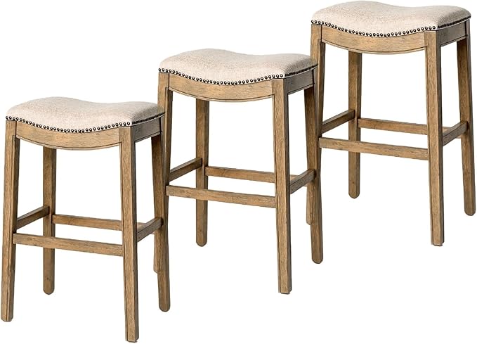 Maven Lane Adrien Backless Bar Stool – Set of 3 – 31 Inch Saddle Seat with Footrest – Natural Solid Wood Frame & Natural Fabric Upholstery – Ideal for Bars, Pub Tables & Tall Kitchen Counters