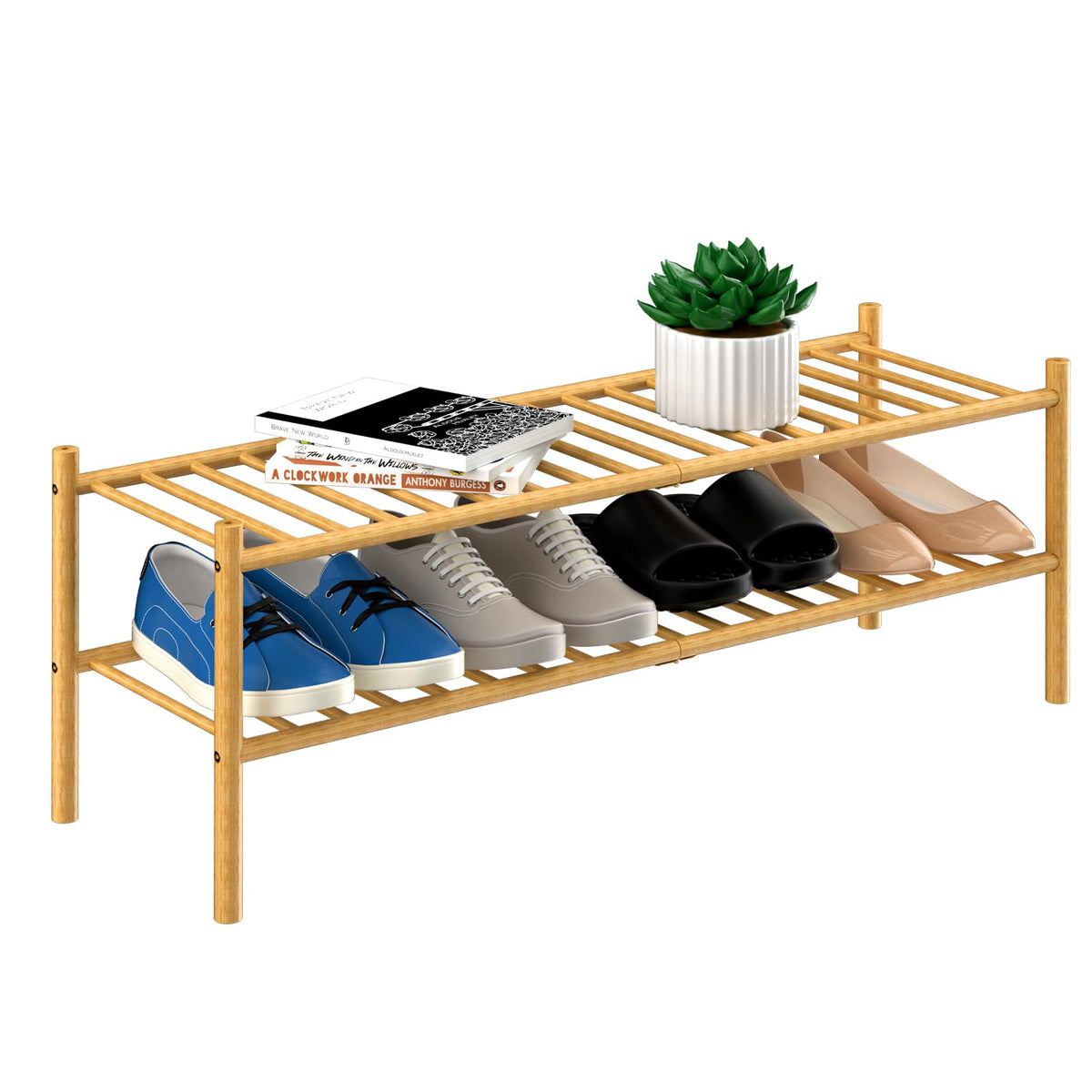 ROMGUAR CRAFT 2-Tier Bamboo Long Shoe Rack, Free Standing Wood Shoe Shelf Storage Organizer for Closet Entryway Stackable 35"x11"x13" (Natural)