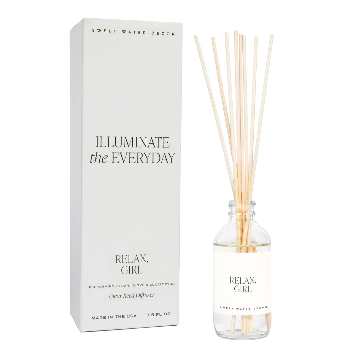 Sweet Water Decor Relax Girl Clear Reed Diffuser Set – Aromatherapy Home Fragrance with Peppermint, Cedar, Clove & Eucalyptus Notes – Long-Lasting Scent for Bedroom & Bathroom – Lasts Up to 4 Months