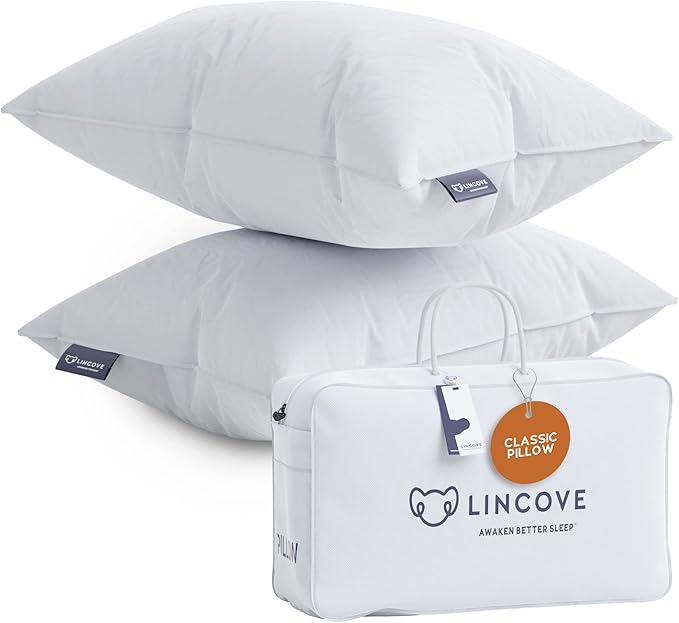 Lincove Down and Feather Luxury Hotel Collection Bed Pillows for Sleeping Made in The USA - 100% Cotton Shell, 600 Thread Count - Soft Hypoallergenic (Queen Size, Pack of 2)
