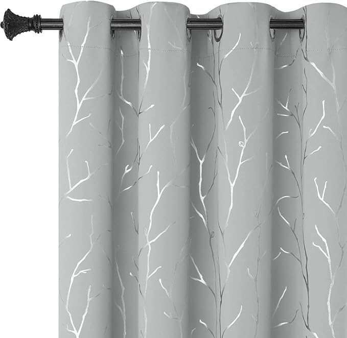 BUHUA Blackout Curtains for Bedroom and Living Room, 84 Inches Long, Thermal Insulated Drapes, 2 Panels with Tree Branches Design - 66W x84L Inch, Silver Grey, Set of 2