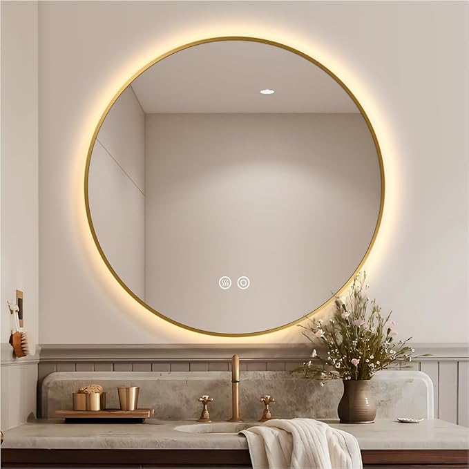 36" LED Backlit Round Mirror for Bathroom, Gold Framed LED Smart Circle Mirrors with 3 Colors, Dimmable Lighted Mirror with Anti-Fog, IP65 Waterproof, CRI 93+, UL-Listed