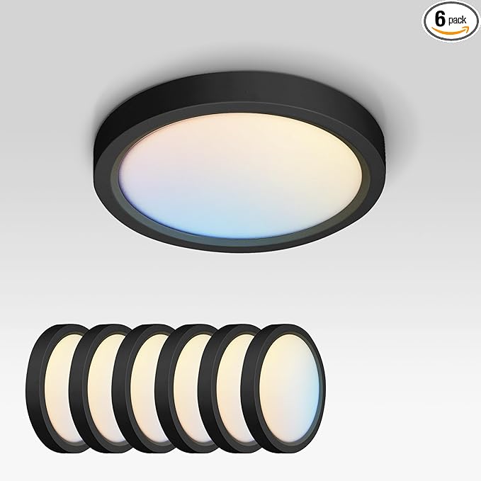 ASD LED 7" Round Flush Mount Ceiling Light Fixture, Low Profile Surface Lighting | 5CCT, Dimmable, Ultra-Thin, ETL Listed | 15W 1260LM 2700-6000K 120V | Kitchen, Bedroom, Hallway Lamp | Black, 6 Pack