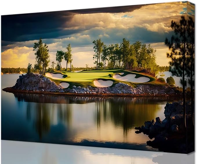 chenchenArt Sunset Landscape Golf Course Wall Art Picture Golf Course Wall Decor for Living Room Bedroom Bathroom Home Decorations Canvas Prints Framed Ready to Hang(28''H x 44''W)