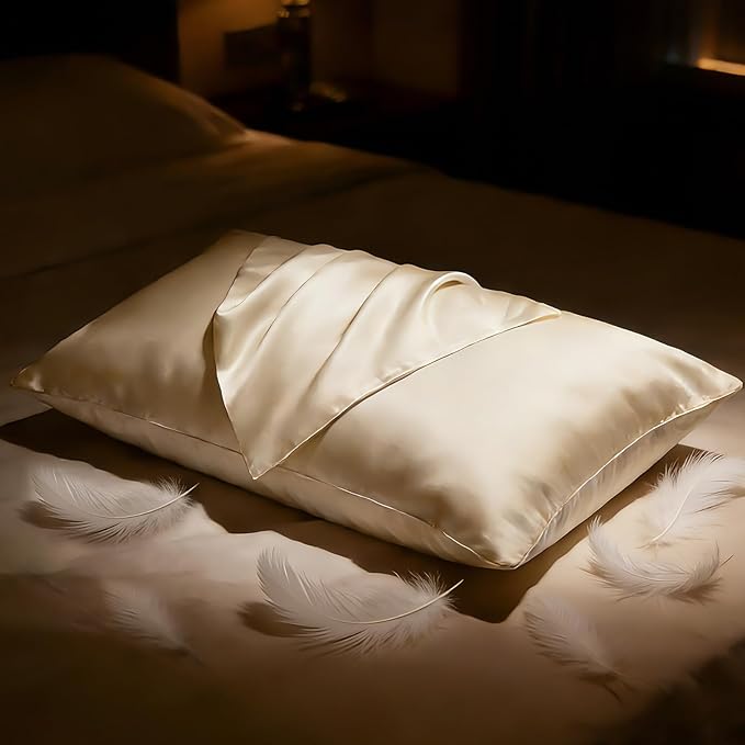 BHZ Beige Satin Goose Down Feather Pillows King Size with Pillowcase for Hair and Skin, Cooling Pillow Cases Similar to Silk Pillow Cases, Decorative for Women, Mom Men