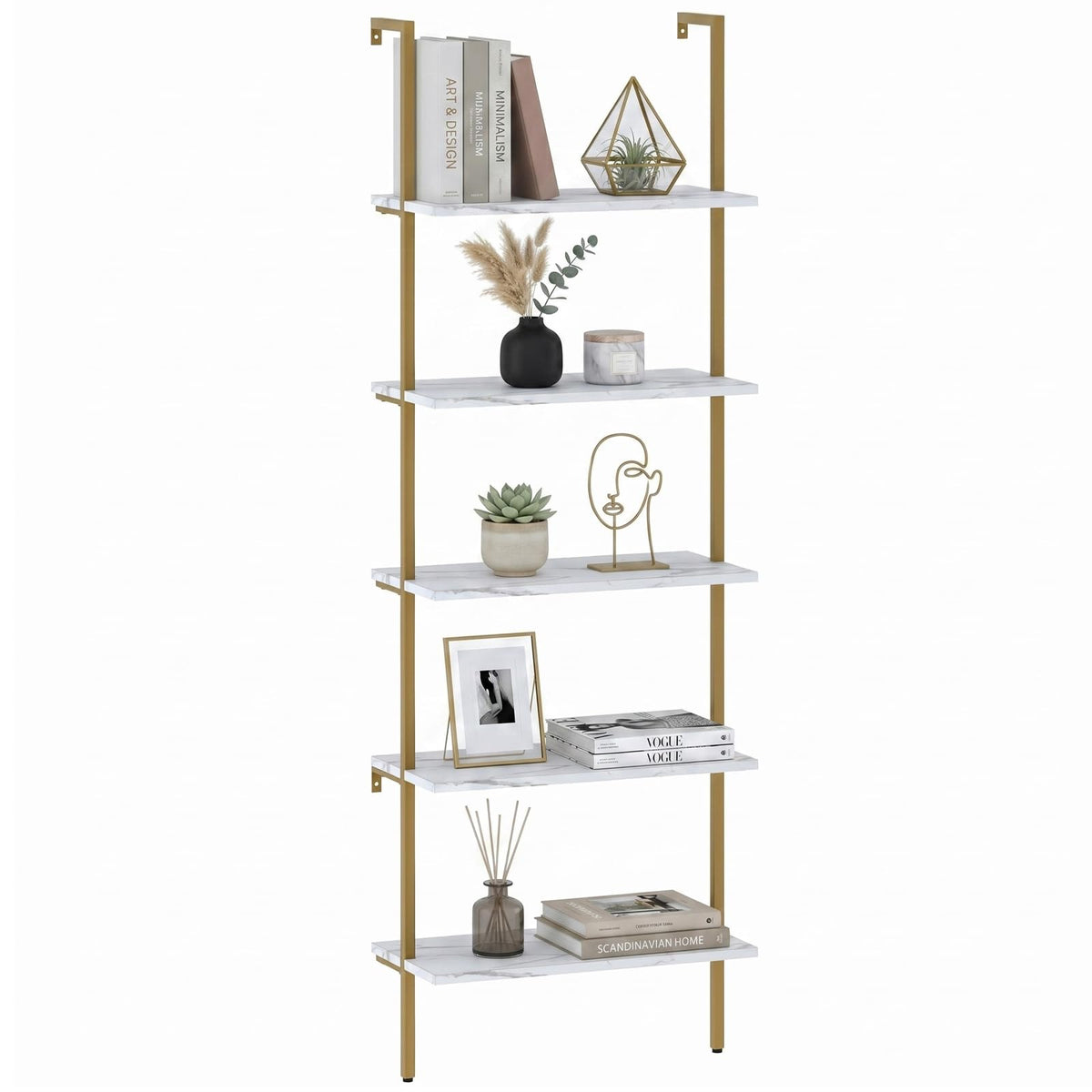 aboxoo Ladder Shelf White Marble Bookshelf 5-Tier Wall-Mounted Wood Rack Industrial Modern Plant Flower Stand Utility Organizer Open Bookcase Metal Frame Furniture Office Kitchen Bedroom
