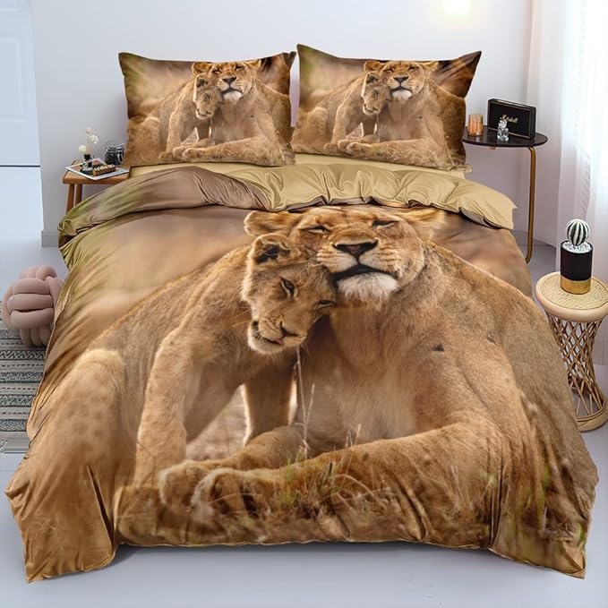 Animal Lions Pattern Duvet Cover Set Queen Size Wild Lion Comforter Covers and Pilliw Shams Camel Color Bedding Sets Romantic Jungle Theme Bedroom Deco Gift