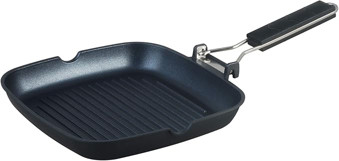 SKITCHN Grill Pan With Folding Handle, Nonstick for Stove Tops, Induction Compatible KBBQ With Pour Spouts, Indoor Square BBQ Grilling - 9IN