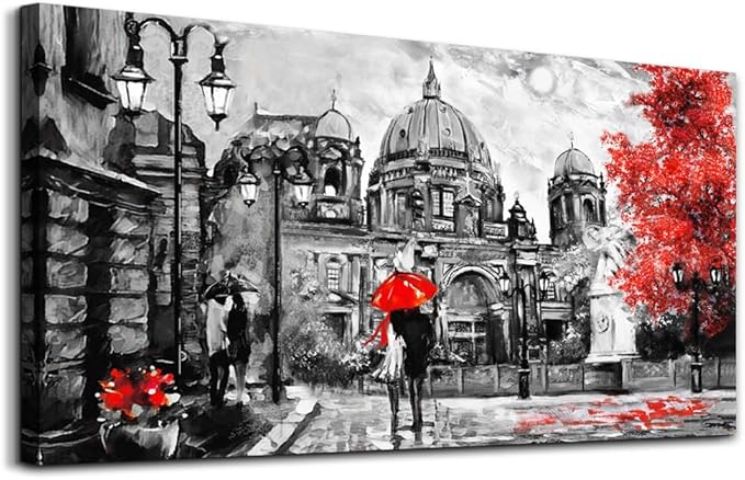 Black And White Buildings And Lovers Holding Umbrellas Under Street Lamps Canvas Art Print Artwork Wall Art For Living Room Large Size Wall Decor，Modern Home Decor Watercolor Wall Painting Decoration