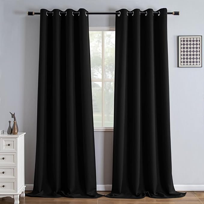 Black Blackout Curtains 96 Inch Length 2 Panels Set, Black Out Curtains for Bedroom 96 Inch Long, Grommet Energy Saving Room Darkening Drapes for Living Room Window(W35 x L96)