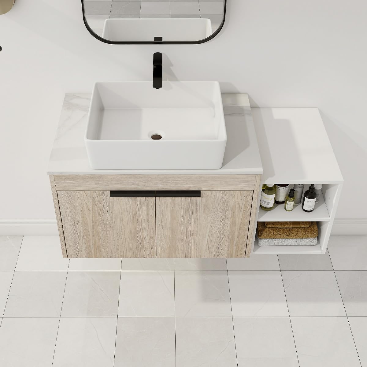 YiaFurio Floating Bathroom Vanity with Sink Modern,Wall Mounted Storage Cabinet with White Ceramic Basin and Sintered Stone Top and Storage Shelf