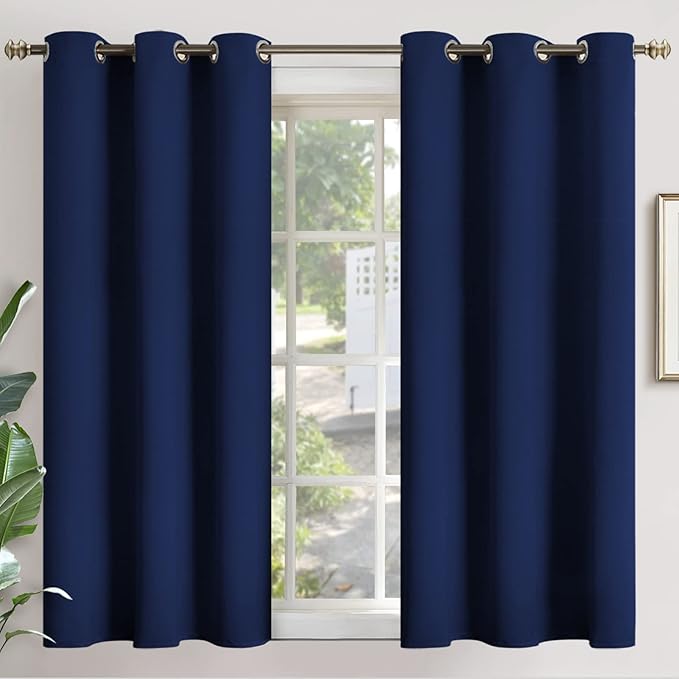 YoungsTex Navy Blue Blackout Curtains 45 Inches Long for Kitchen Bedroom Window - Short Length Thermal Insulated Drapes with Grommet Privacy for Basement Bathroom Kids, 2 Panels, 42 x 45 Inch