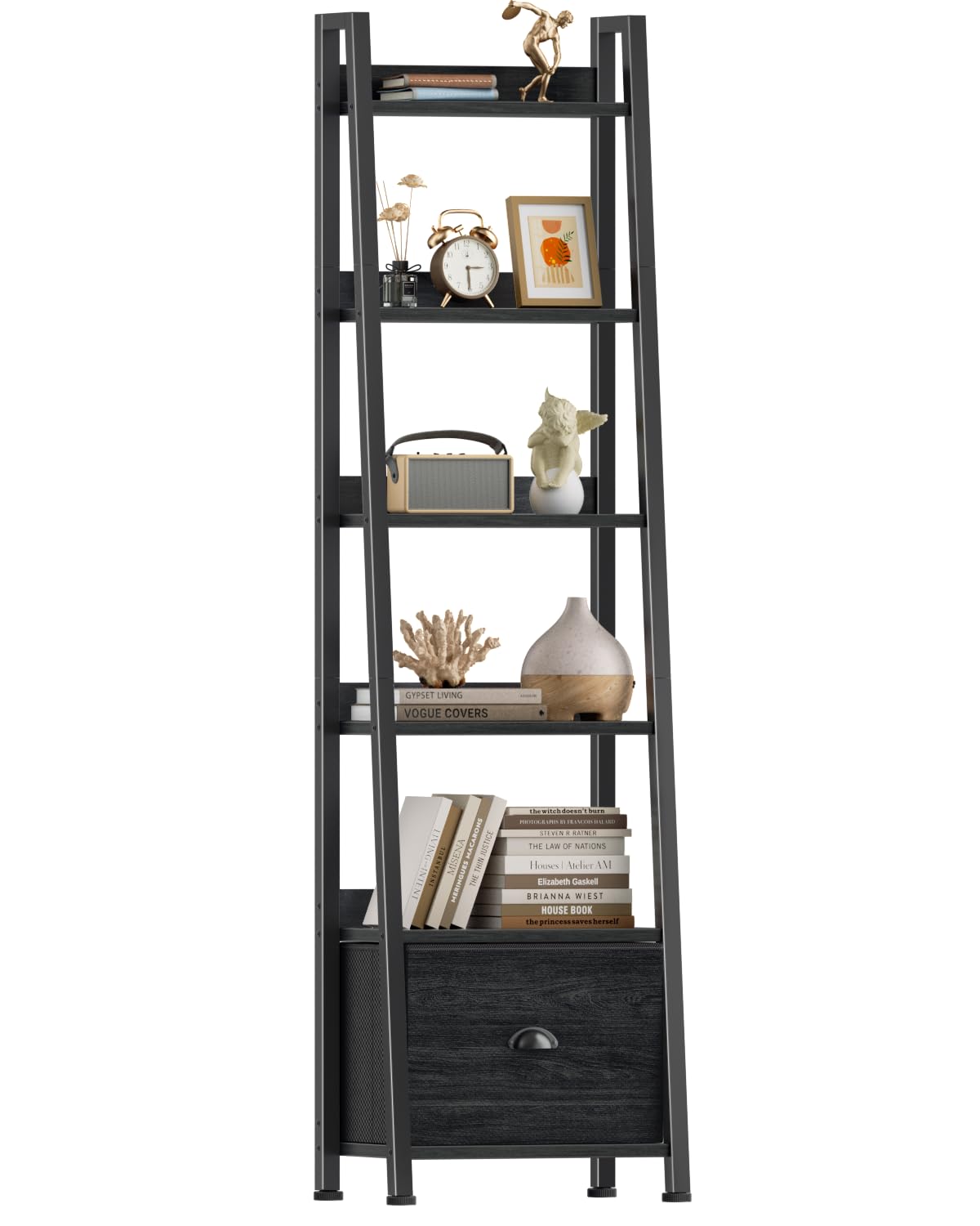 Furologee 6 Tier Ladder Shelf,Ladder Bookshelf with Drawer,Industrial Tall Bookcase,Storage Rack Organizer,Wood Metal Freestanding Shelves for Living Room, Home Office, Bedroom,Black Oak