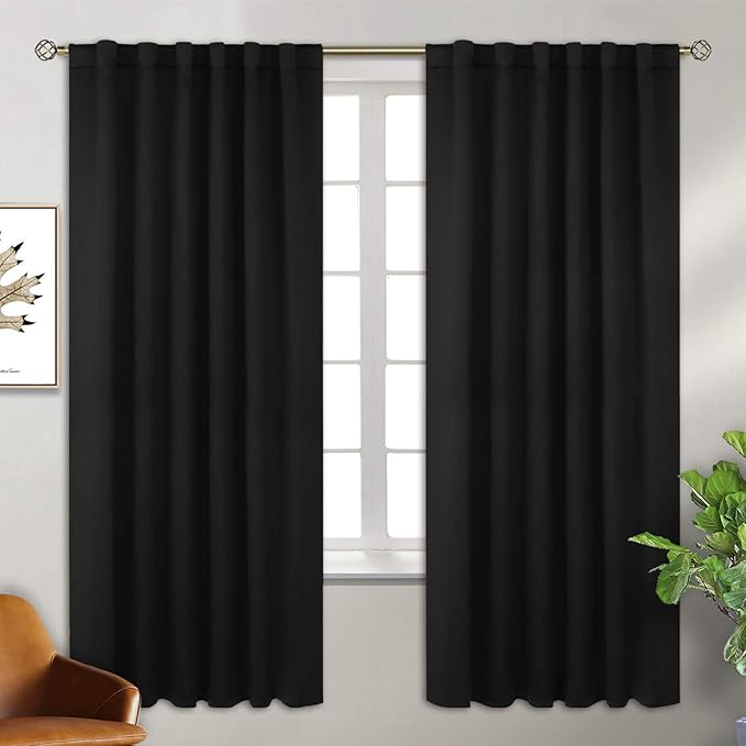 BGment Blackout Curtains 72 inches Long for Bedroom - Thermal Insulated Rod Pocket and Back Tab Curtains for Living Room, 2 Window Curtain Panels (52 x 72 Inch, Black)