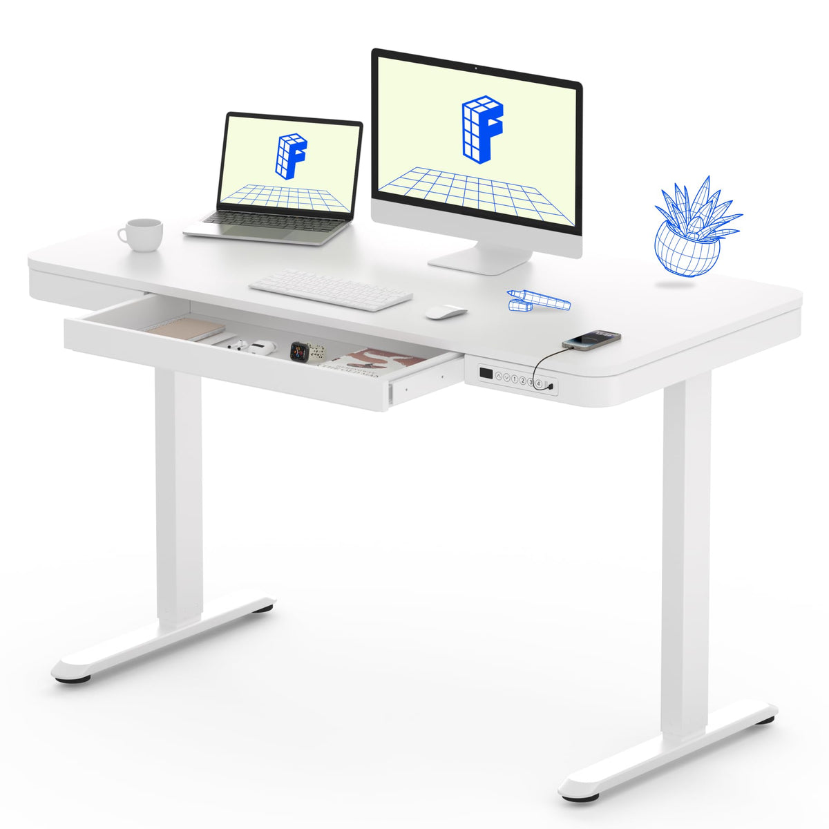 FLEXISPOT Comhar 48" Electric Standing Desk with Drawers, USB Charging Ports, Quick Assembly, Height Adjustable Sit Stand Computer Desk with Child Lock for Modern Minimalist Home Office, White