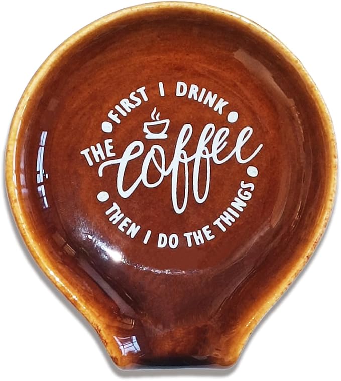 Funny Coffee Quote First I Drink The Coffee Then I Do The Things Ceramic Spoon Holder-Brown Coffee Spoon Rest -Cafe Station Bar Accessories