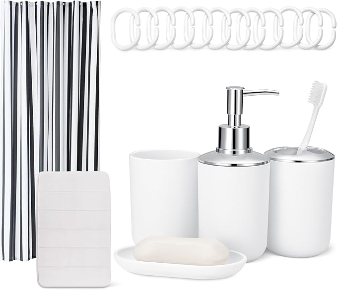 Amazon Basics Complete Bathroom Set - 18-Piece with Shower Curtain, Bath Mat and Accessories, 72 x 72 inch, White