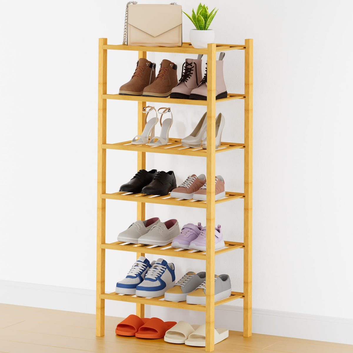 Smiry Bamboo Shoe Rack, 8 Vertical Slats, 6 Tier - 17.3" Wide, Natural