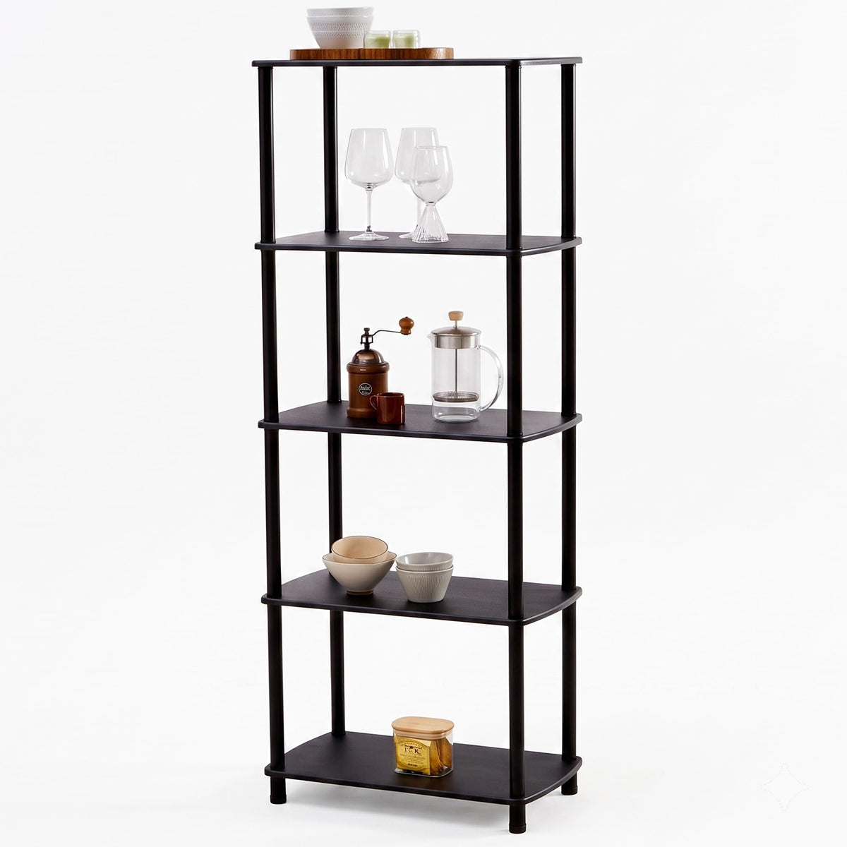 TRES BELLE 5-Tier Storage Shelves, Modern Open Display Bookshelf, Toolless Assembly Wood & Metal Shelving Unit, Multipurpose Storage Organizer Rack for Living Room, Bedroom, Home Office, Black