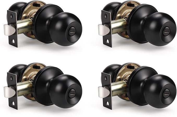 KNOBWELL 4 Pack Matte Black Privacy Door Knobs, Keyless Interior Bedroom Bathroom Door Knob with Lock