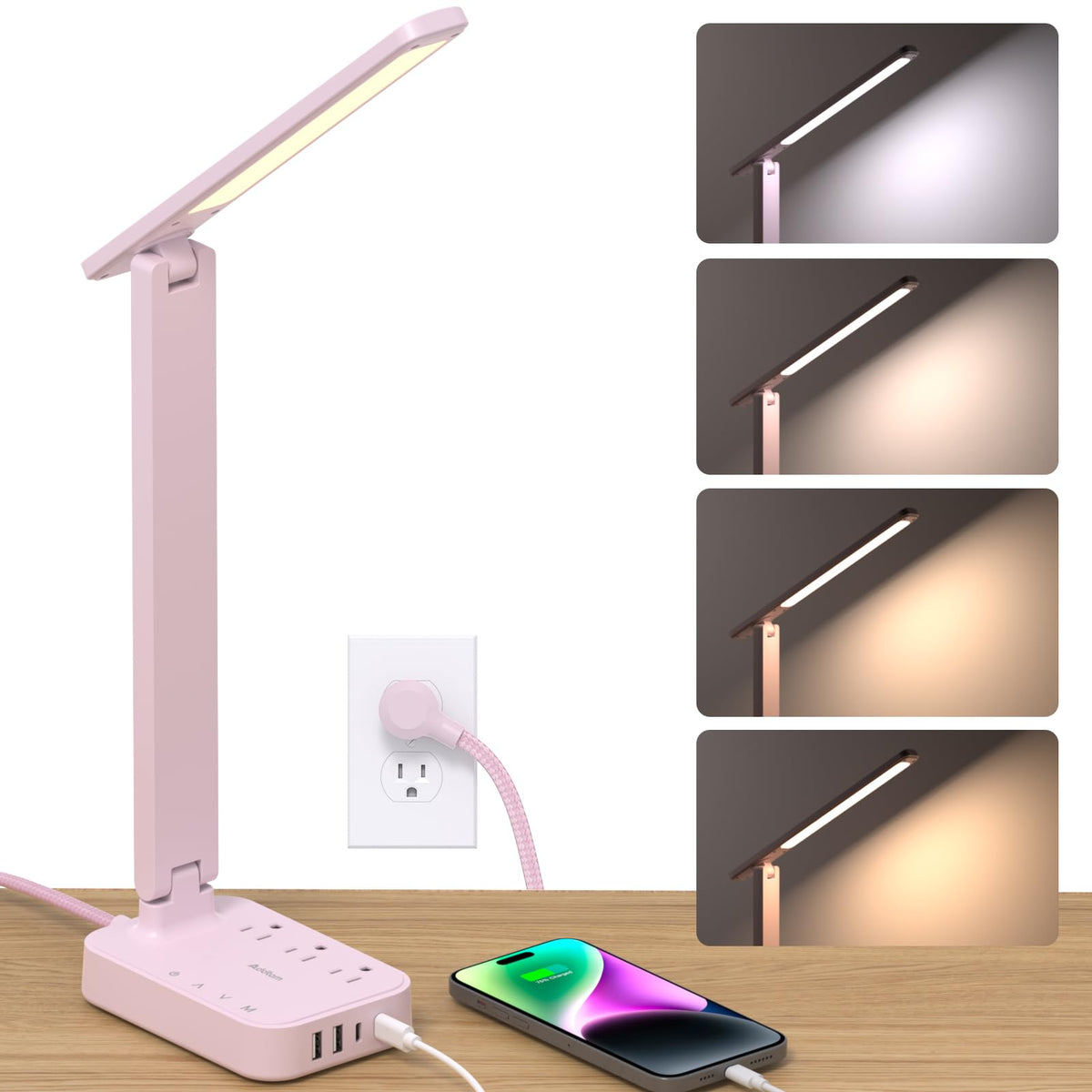 Addtam LED Desk Lamp, Power Strip with 3 Outlets 4 USB Charging Ports(2 USBC), 4 Modes 5 Level Brightness Touch Lamp, Small Desk Lamp for Home Office College Dorm Room Essentials, Pink