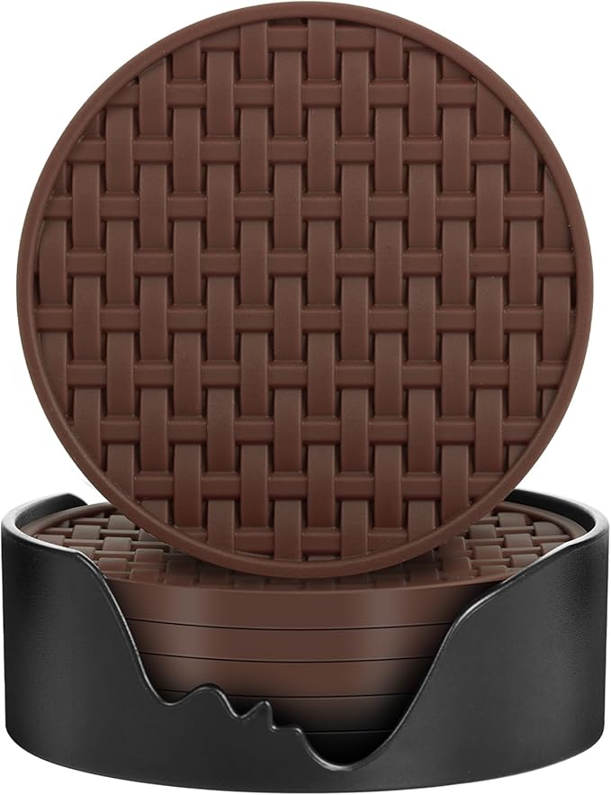 Brown Round Silicone Coasters with Holder, Heat Resistant & Waterproof Cup Mats, 4 Inches Non-Slip Decorative Coster Set 6 Packs for Home, Office, Kitchen, Coffee Bar Table