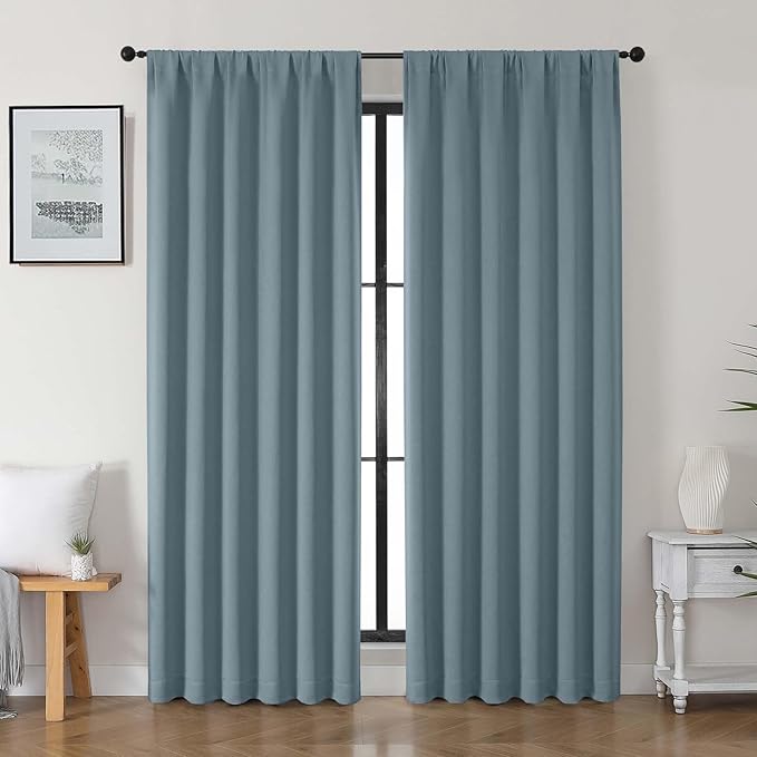Gwine Stone Blue Blackout Curtains for Bedroom 90 inches Long 2 Panels Set, Solid Noise Reducing Thermal Insulated Blackout Curtains for Living Room with Rod Pocket, Each 50" Wx90 L
