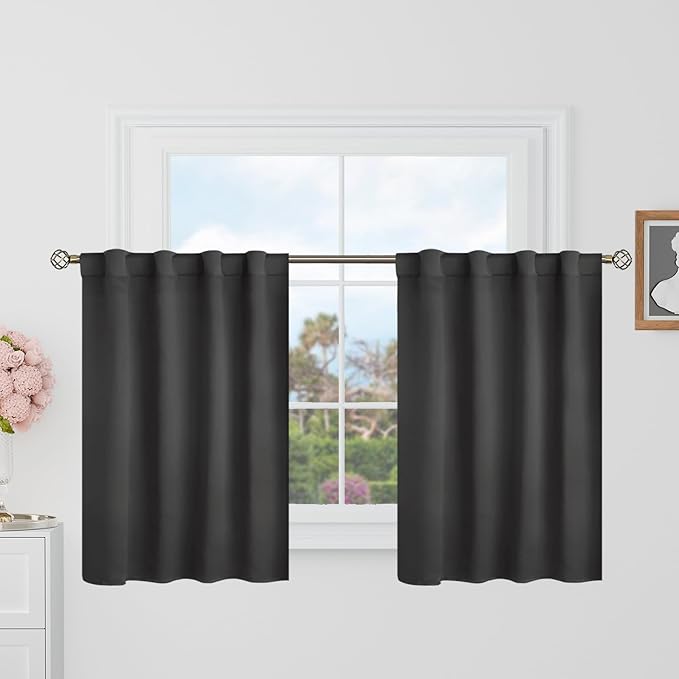 BGment Dark Grey Cafe Blackout Curtains 36 Inch Length for Half Windows - 34 x 36 inch Curtains Rod Pocket and Back Tab Thermal Insulated Room Darkening Short Curtains for Kitchen, 2 Window Panels