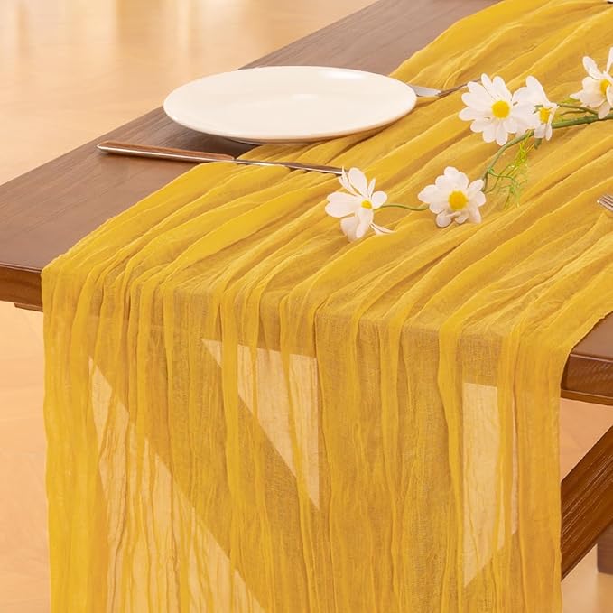 Socomi 3pcs Gold Yellow Christmas Cheesecloth Table Runner Boho Rustic Gauze 120 inch 10FT Cheese Cloth Runner for Wedding Party Baby Shower Birthday Home Decor Holiday Decorations
