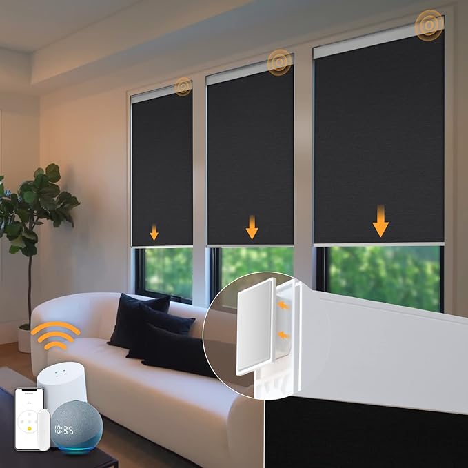 Motorized Blinds - No Drill Automatic Cordless Roller Shades Electric Smart Blinds with Remote Control (Black, 34 x 72), MH100
