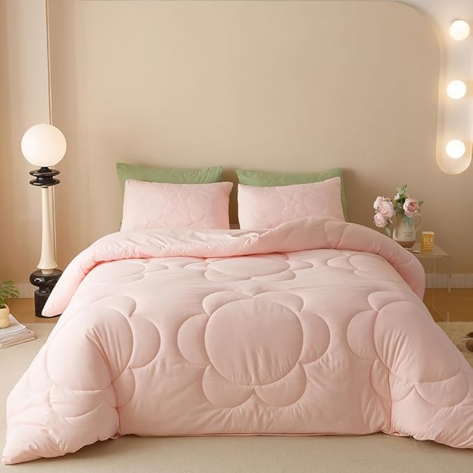 CLOTHKNOW Pink Queen Comforter Set 3Pcs Daisy Puff Bedding Comforter Sets Soft Floral Queen Comforter Pink Comforter with 2 x Pillow Cases