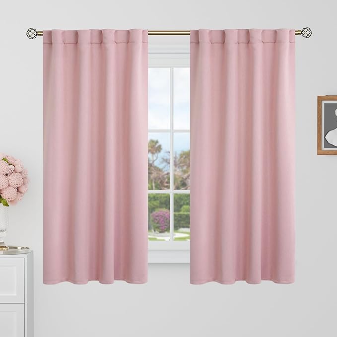 BGment Blackout Curtains 48 Inches Long for Kids Room - 34 x 48 inch Curtains Rod Pocket and Back Tab Thermal Insulated Room Darkening Curtains for Kitchen/Cafe Room, 2 Window Panels, Pink