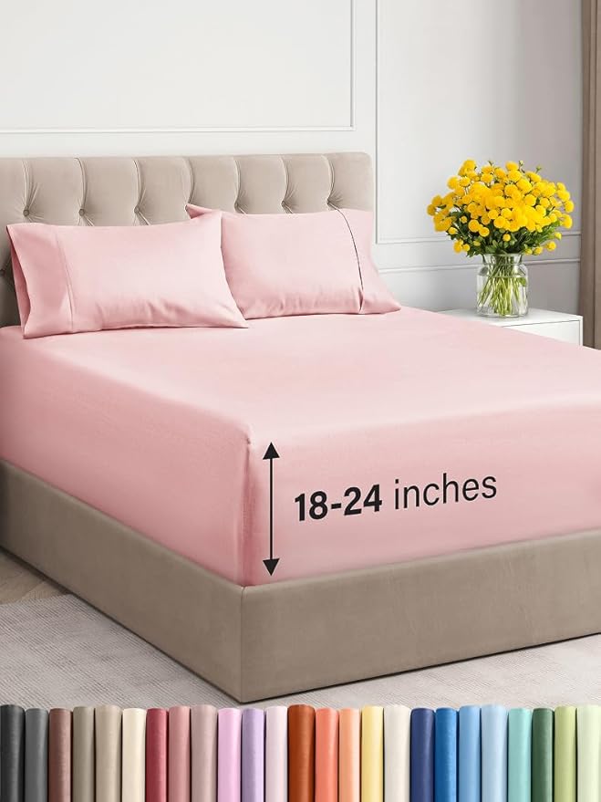 Extra Deep Twin Sheet Set - 4 Piece Breathable & Cooling Sheets - Hotel Luxury Bed Sheets Set - Easy & Secure Fit - Soft, Wrinkle Free & Comfy Sheets Set - Baby Pink Sheet Set with Extra Deep Pockets