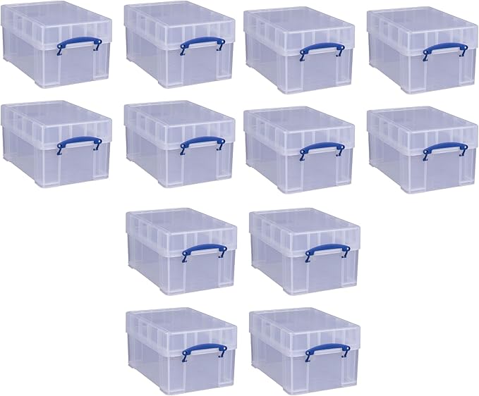 Really Useful Box 9 Liter Stackable Storage Container w/XL Snap Lid & Built-In Clip Lock Handles for Home or Office Organization, Clear (12 Pack)