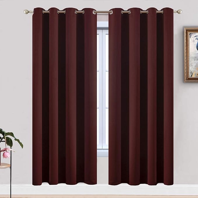 Yakamok Treatment Blackout Thermal Insulated Room Darkening Solid Grommet Curtains/Drapes for Bedroom,Bonus 2 Tie Backs Included (Burgundy Red,52x72-inch, 2 Panels)