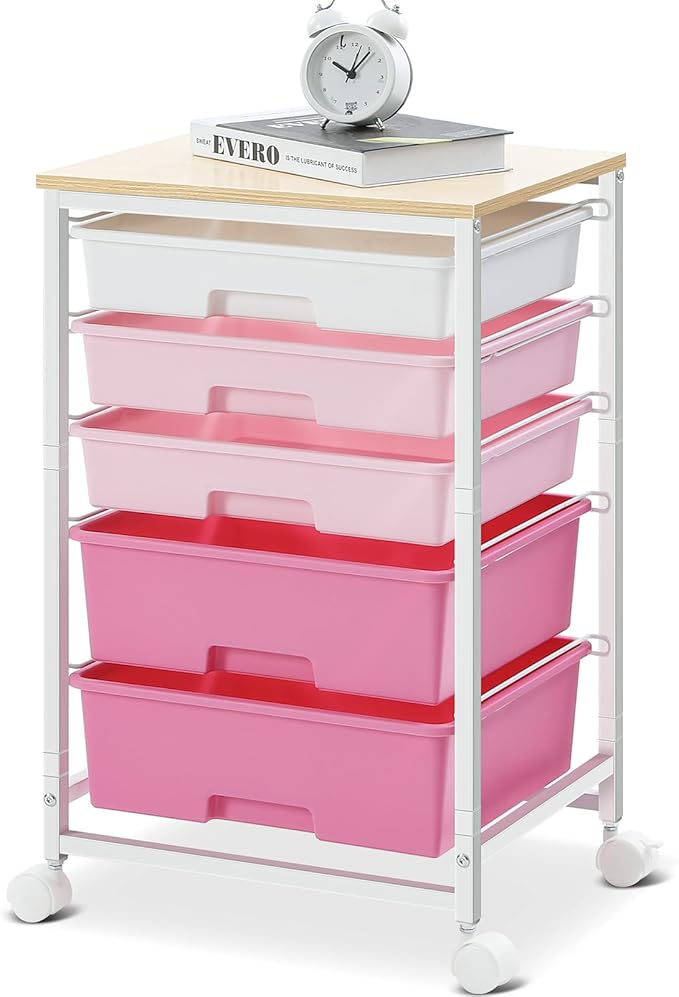 Utility Cart with 5 Drawers,Storage Drawer Cart with Wooden Tabletop and Lockable Wheels,Craft Storage Trolley Cart,5-Tier Rolling Utility Cart on Wheels,Rose Pink