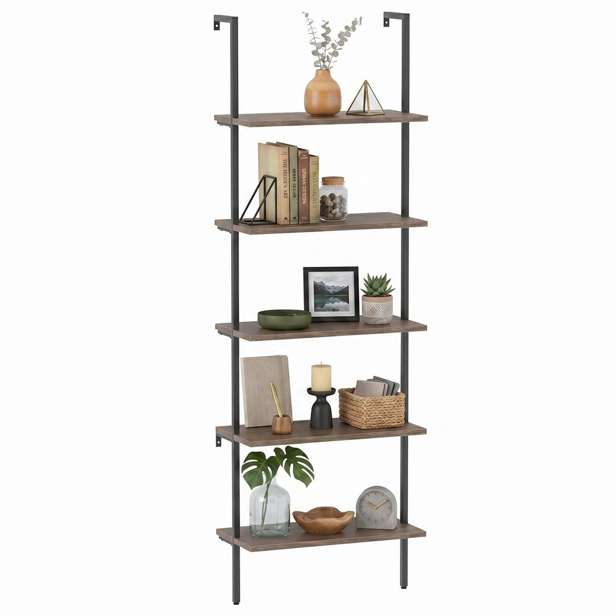 aboxoo Ladder Shelf Open Bookshelf 5-tier Wood Wall-mounted Bookcase Storage Rack Open Back Industrial Modern Plant Flower Stand Utility Organizer Bookcase Metal Frame Furniture Office Kitchen Bedroom