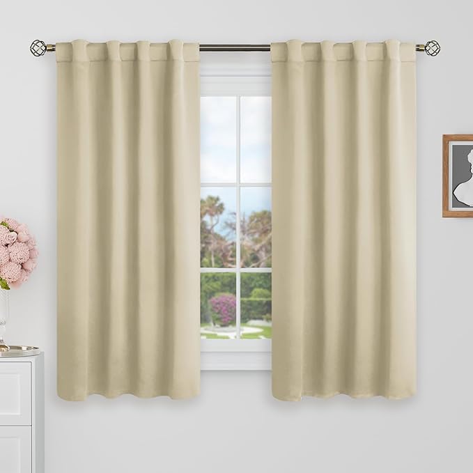 BGment Black Out Curtains 48 Inch Long for Cafe - 34 x 48 inch Blackout Curtains Thermal Insulated Room Darkening Rod Pocket and Back Tab Drapes for Kitchen/Bedroom, 2 Window Panels, Beige